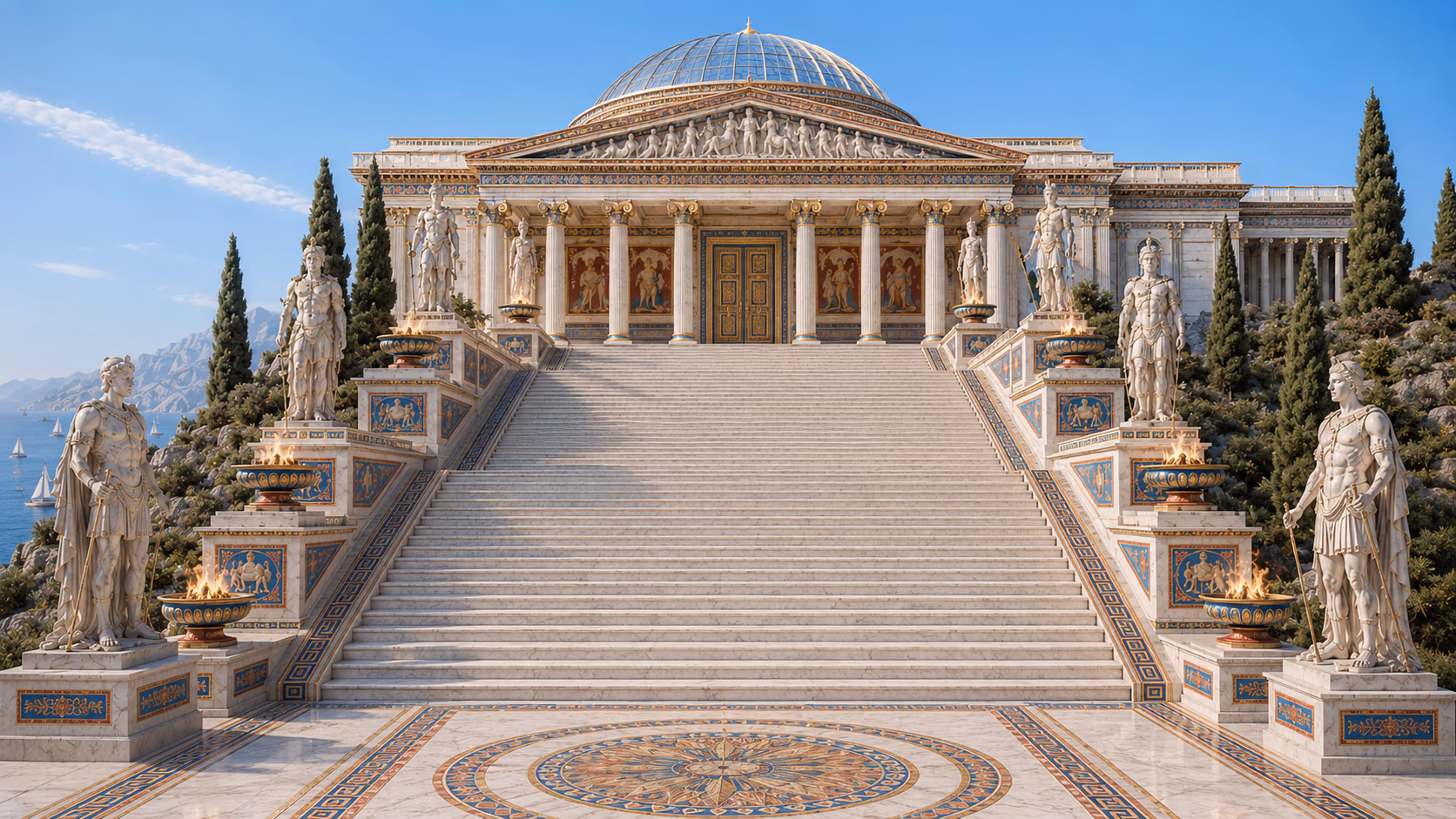 Greco-futurist Symposium building above the Aegean sea