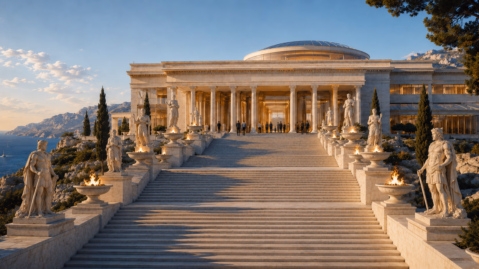Greco-futurist Symposium building above the Aegean sea